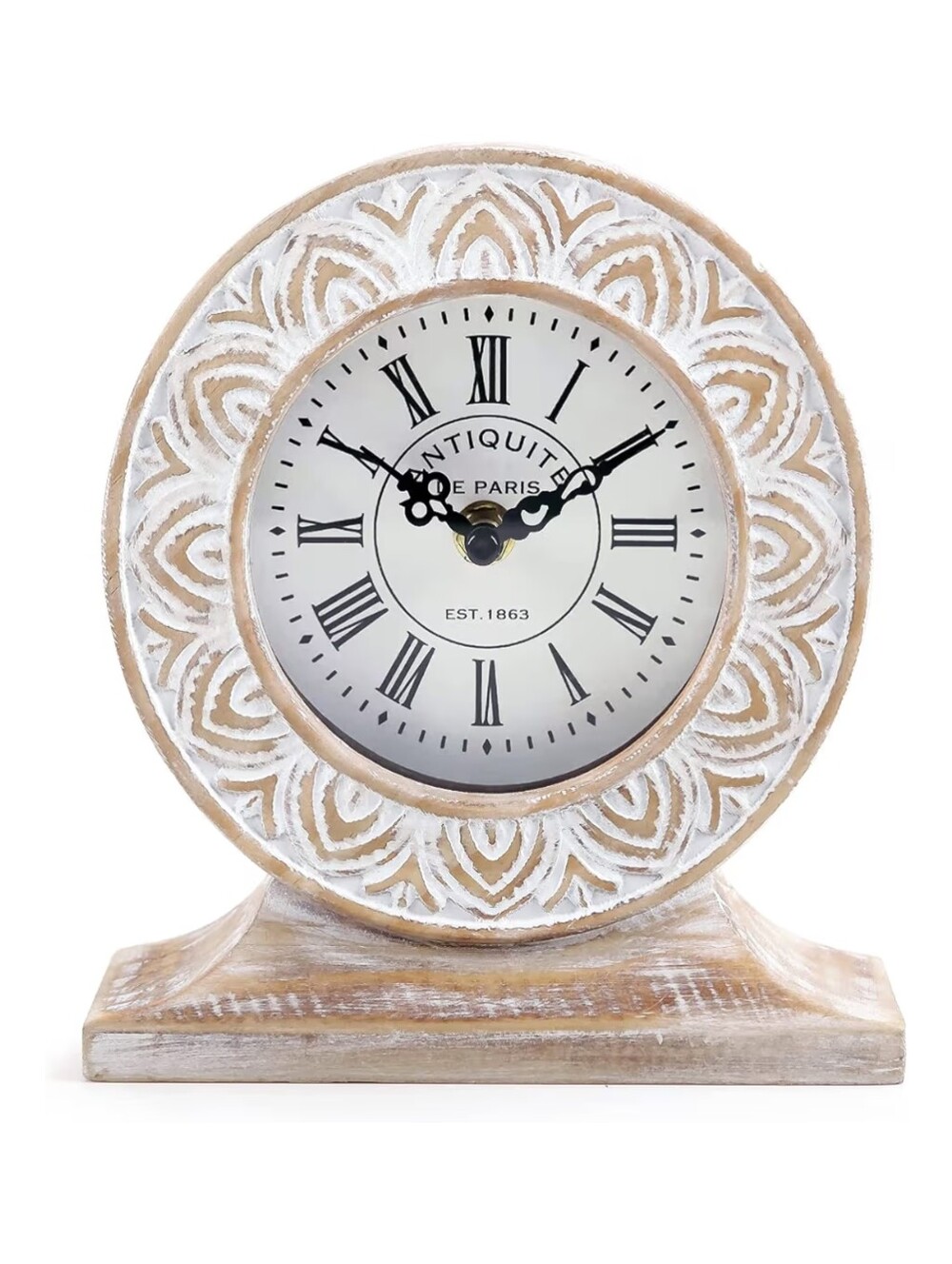 Nikky Home NWT 7" Distressed Wood Hand Carved Analog Clock In Cream/White
